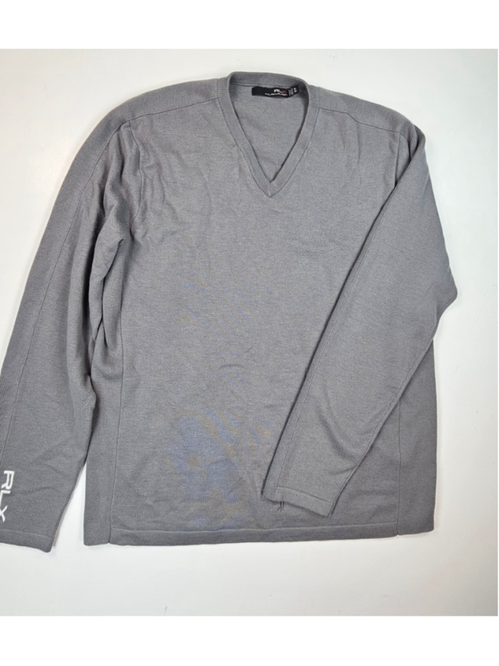 RLX Ralph Lauren Golf Sweater Mens XL Gray V Neck Pullover Sleeve Logo